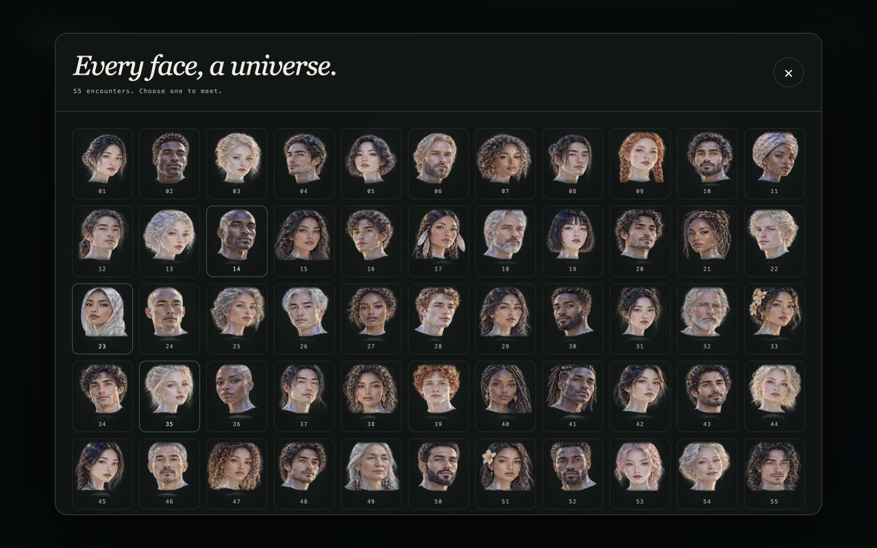 The iscoutu gallery, a grid of 55 fictional adult faces with varied appearances against a dark background.